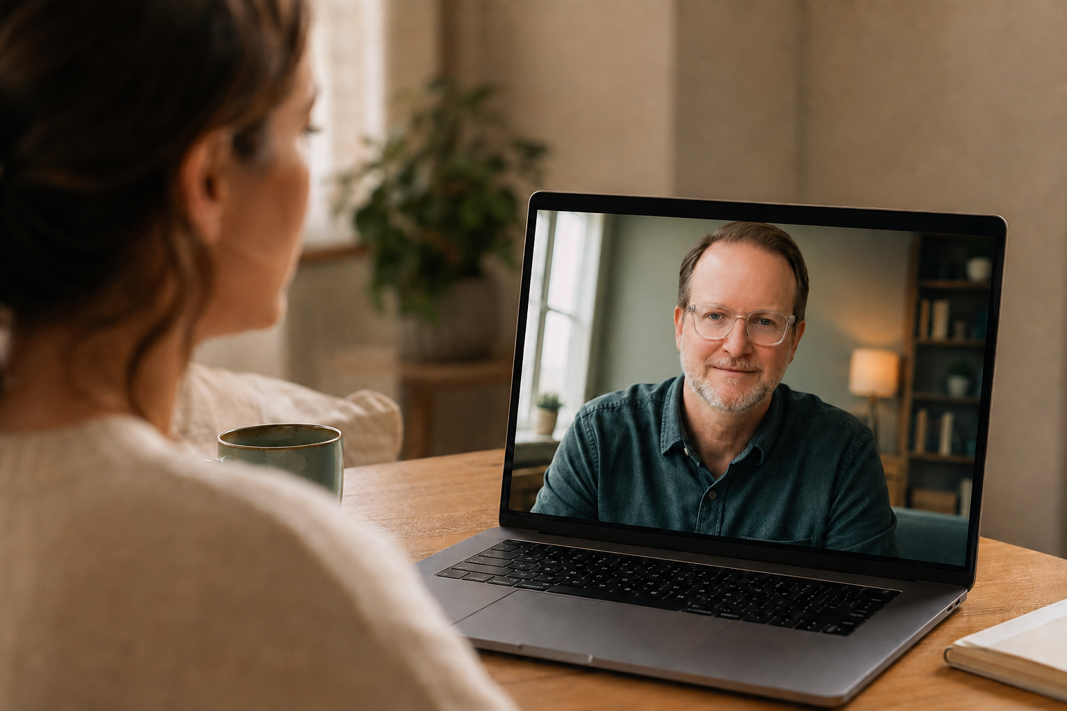 A therapist listening attentively to a patient during a virtual therapy session